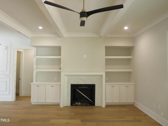1444 Old Apex Rd, Cary, NC 27513 - unfurnished living room with beam ceiling, light wood-style flooring, ceiling fan, recessed lighting, and a tile fireplace