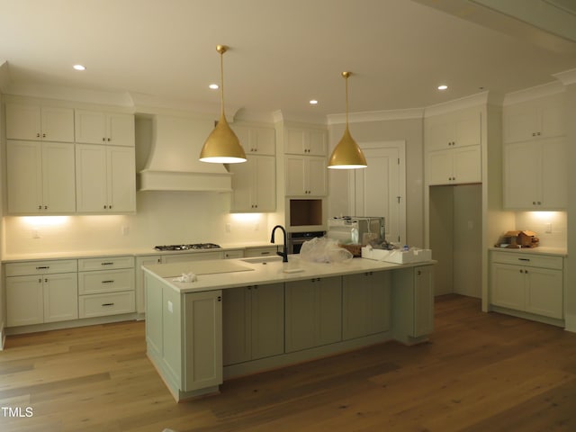 1444 Old Apex Rd, Cary, NC 27513 - kitchen with custom exhaust hood, stainless steel appliances, a sink, white cabinetry, and recessed lighting
