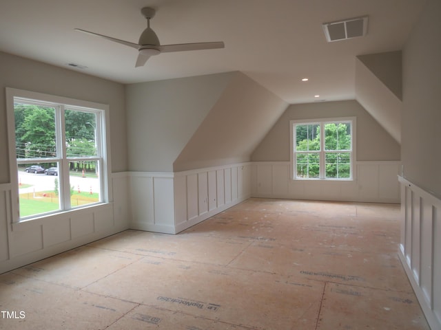 1444 Old Apex Rd, Cary, NC 27513 - additional living space featuring wainscoting, a decorative wall, ceiling fan, and vaulted ceiling