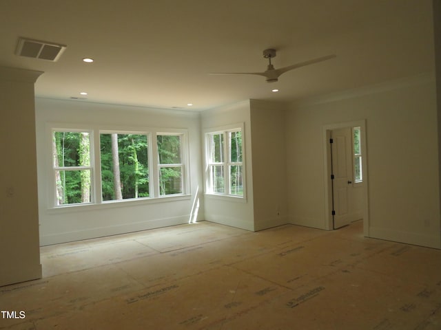 1444 Old Apex Rd, Cary, NC 27513 - unfurnished room featuring a ceiling fan, ornamental molding, recessed lighting, and baseboards