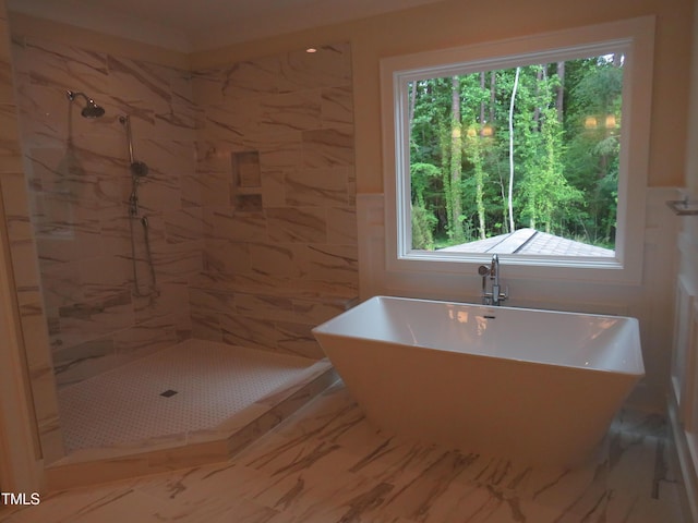 1444 Old Apex Rd, Cary, NC 27513 - bathroom featuring marble finish flooring, tiled shower, a soaking tub, and plenty of natural light