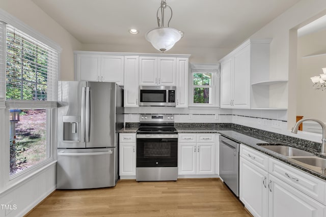 kitchen with stainless steel appliances, open shelves, a sink, white cabinets, and recessed lighting
