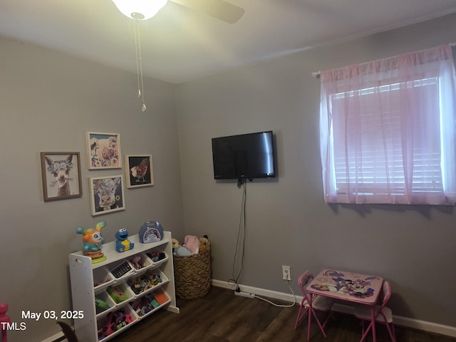 66 Epsom Rocky Ford Rd, Henderson, NC 27537 - rec room with dark wood-type flooring, baseboards, and a ceiling fan