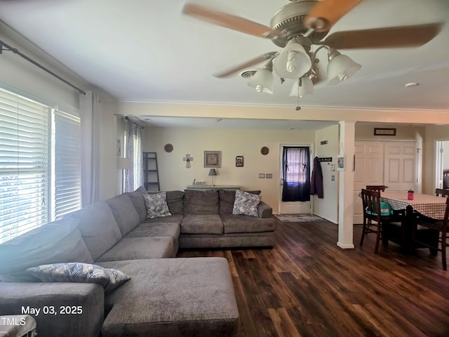 66 Epsom Rocky Ford Rd, Henderson, NC 27537 - living area with dark wood-type flooring, a ceiling fan, decorative columns, and ornamental molding