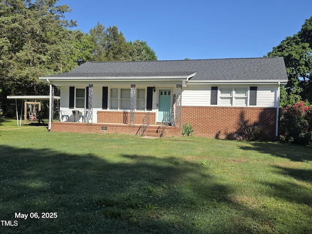 66 Epsom Rocky Ford Rd, Henderson, NC 27537 - view of front of home featuring brick siding, a porch, a front lawn, and a shingled roof