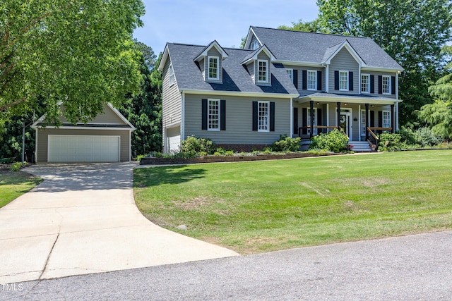colonial house with a garage, covered porch, a front yard, a shingled roof, and concrete driveway