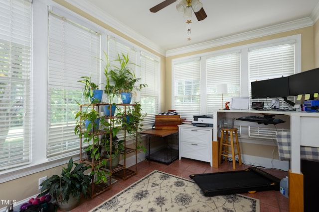 tiled office space with plenty of natural light, crown molding, and a ceiling fan