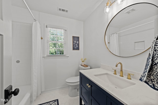 bathroom with toilet, tile patterned floors, vanity, shower / tub combo, and baseboards
