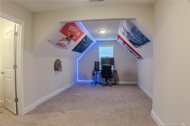 537 Kivett Ct, Fayetteville, NC 28312 - unfurnished office with carpet flooring, baseboards, visible vents, and lofted ceiling