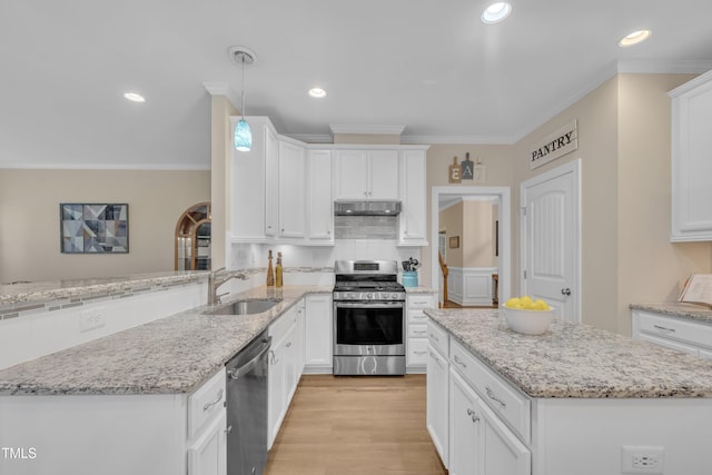 1920 Bright Kannon Way, Wendell, NC 27591 - kitchen with appliances with stainless steel finishes, a sink, under cabinet range hood, white cabinetry, and ornamental molding