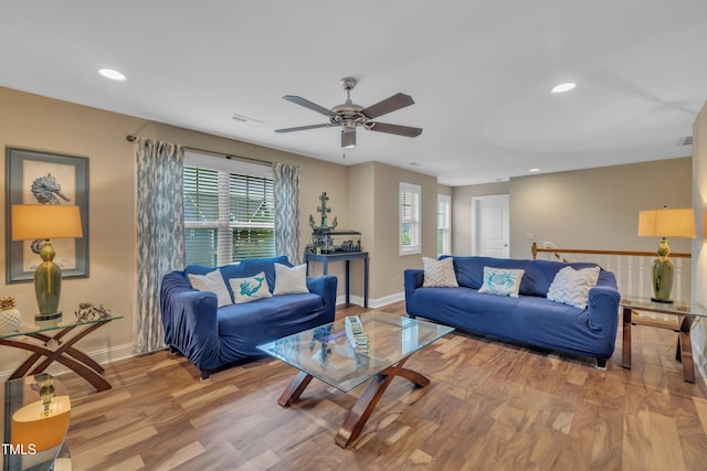 1920 Bright Kannon Way, Wendell, NC 27591 - living room with wood finished floors, ceiling fan, baseboards, and recessed lighting