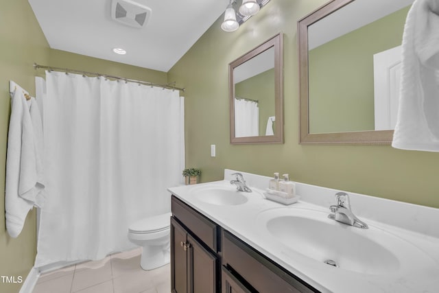 1920 Bright Kannon Way, Wendell, NC 27591 - bathroom featuring toilet, double vanity, tile patterned flooring, and a shower with curtain