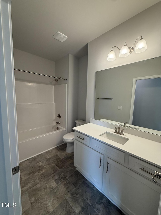 bathroom featuring bathtub / shower combination, vanity, toilet, stone finish flooring, and visible vents