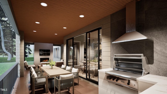 404 Shinleaf Pond Trl, Raleigh, NC 27614 - view of patio with a lit fireplace, outdoor dining space, and area for grilling