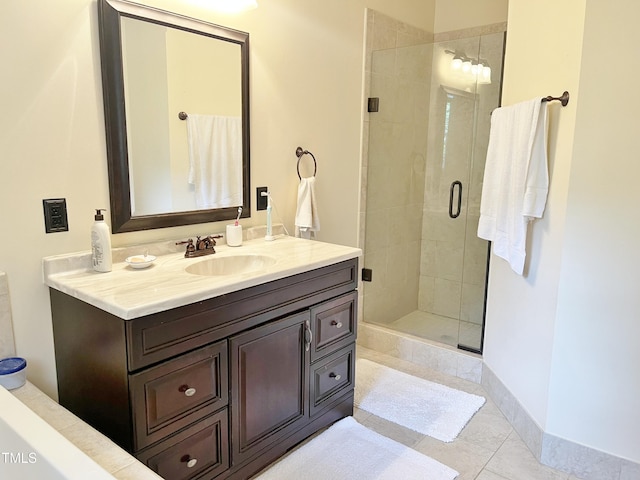 1707 Falls Church Rd, Raleigh, NC 27609 - bathroom featuring a stall shower, vanity, tile patterned floors, and baseboards