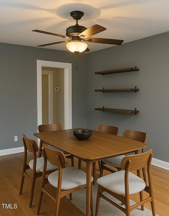 200 S Pettigrew St, Raleigh, NC 27610 - dining space featuring baseboards, ceiling fan, and light wood-type flooring