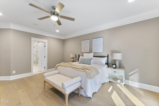 bedroom with baseboards, ornamental molding, recessed lighting, and light wood-style flooring