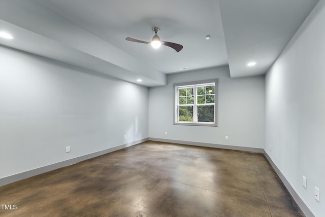 unfurnished room featuring baseboards, ceiling fan, concrete flooring, and recessed lighting