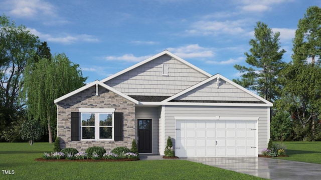 400 Apricot Ln, Carthage, NC 28327 - craftsman-style home with an attached garage, driveway, stone siding, and a front yard