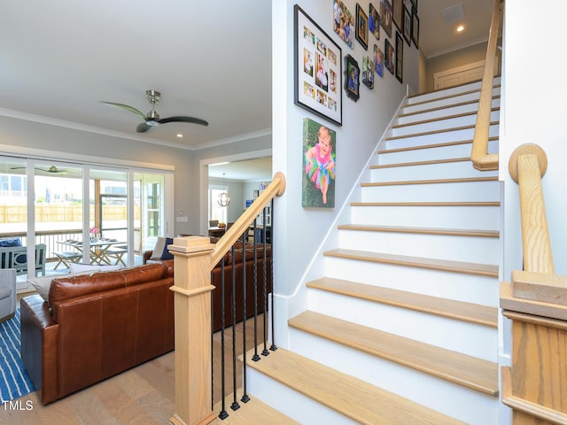 1180 Duke Farm Dr, Wake Forest, NC 27587 - stairs featuring a ceiling fan, crown molding, wood finished floors, and recessed lighting