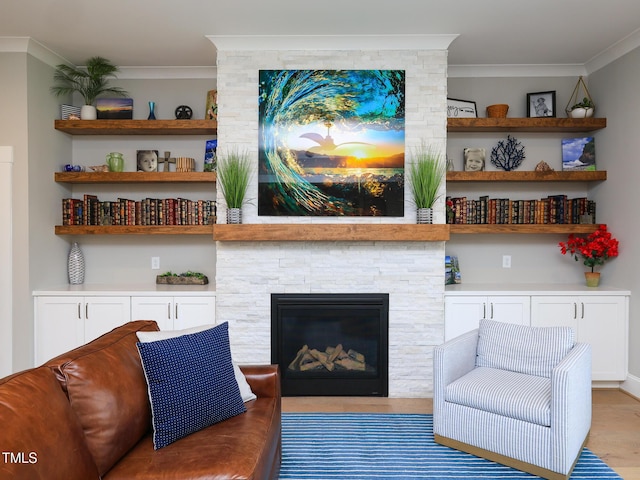 1180 Duke Farm Dr, Wake Forest, NC 27587 - living room with crown molding and a fireplace