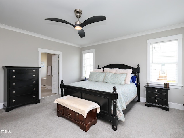1180 Duke Farm Dr, Wake Forest, NC 27587 - bedroom featuring ornamental molding, light colored carpet, baseboards, and ceiling fan