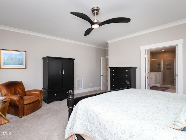 1180 Duke Farm Dr, Wake Forest, NC 27587 - carpeted bedroom with ornamental molding, ceiling fan, and connected bathroom