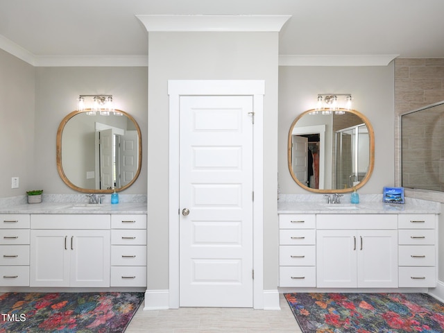 1180 Duke Farm Dr, Wake Forest, NC 27587 - bathroom with crown molding, two vanities, and tiled shower