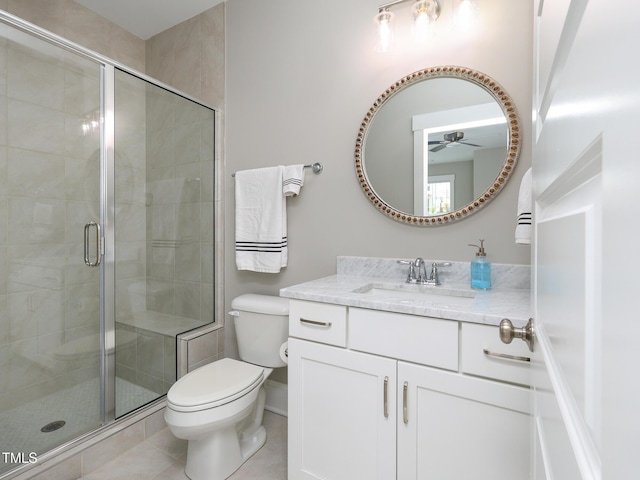 1180 Duke Farm Dr, Wake Forest, NC 27587 - bathroom featuring a ceiling fan, a stall shower, toilet, and tile patterned floors