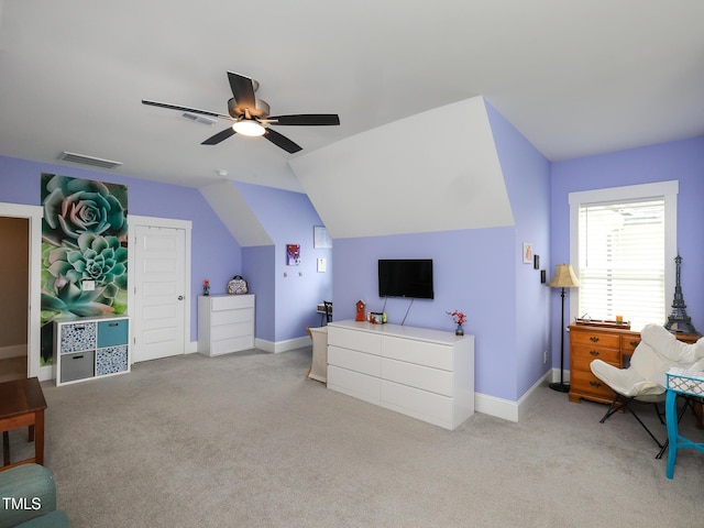 1180 Duke Farm Dr, Wake Forest, NC 27587 - bedroom with carpet, vaulted ceiling, baseboards, and a ceiling fan