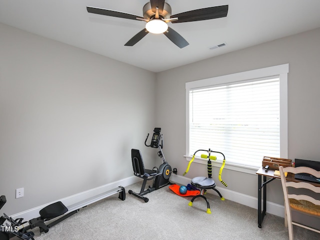 1180 Duke Farm Dr, Wake Forest, NC 27587 - workout area with carpet floors, baseboards, and ceiling fan