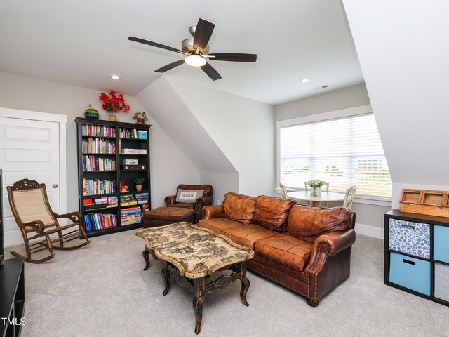 1180 Duke Farm Dr, Wake Forest, NC 27587 - living area with carpet flooring, ceiling fan, vaulted ceiling, and recessed lighting