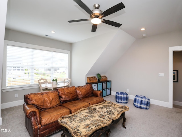 1180 Duke Farm Dr, Wake Forest, NC 27587 - carpeted living area featuring a ceiling fan, recessed lighting, baseboards, and vaulted ceiling