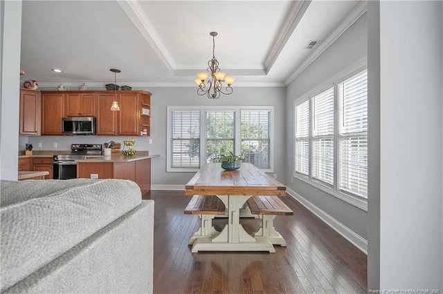 kitchen with an inviting chandelier, visible vents, baseboards, a raised ceiling, and appliances with stainless steel finishes