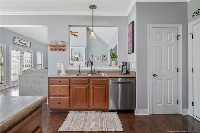 kitchen featuring a sink, dark wood finished floors, brown cabinets, and dishwasher