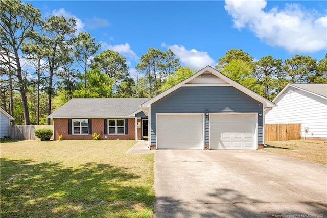 ranch-style house featuring a garage, a front lawn, fence, and driveway