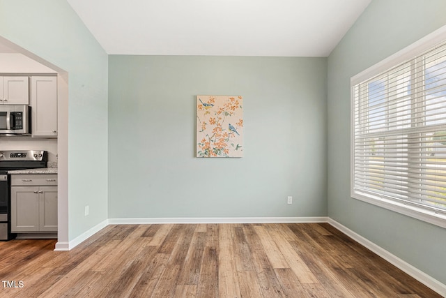 unfurnished dining area with baseboards and wood finished floors