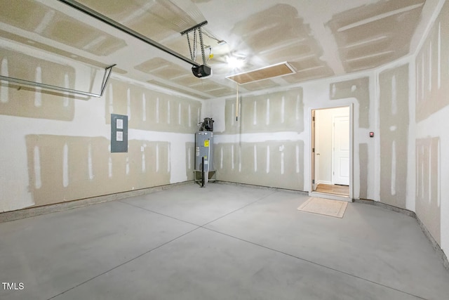 garage with water heater, electric panel, and a garage door opener
