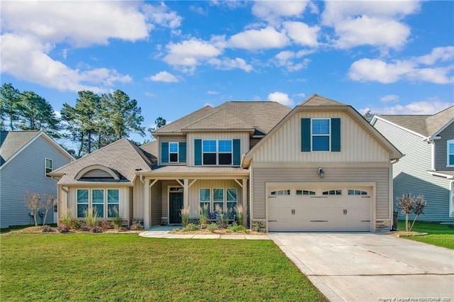 308 Wishaw Ct, Hope Mills, NC 28348 - craftsman inspired home featuring a front lawn, stone siding, a shingled roof, board and batten siding, and driveway