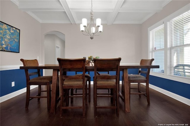 308 Wishaw Ct, Hope Mills, NC 28348 - dining room featuring arched walkways, beamed ceiling, an inviting chandelier, and plenty of natural light
