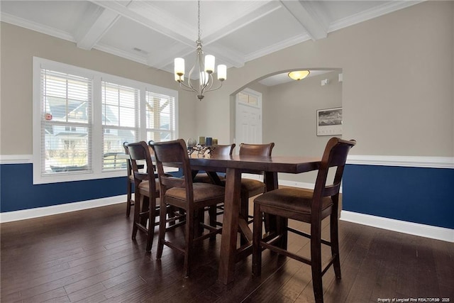 308 Wishaw Ct, Hope Mills, NC 28348 - dining space featuring an inviting chandelier, arched walkways, baseboards, dark wood-type flooring, and beamed ceiling
