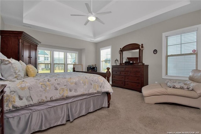 308 Wishaw Ct, Hope Mills, NC 28348 - bedroom with ceiling fan, light colored carpet, and a raised ceiling