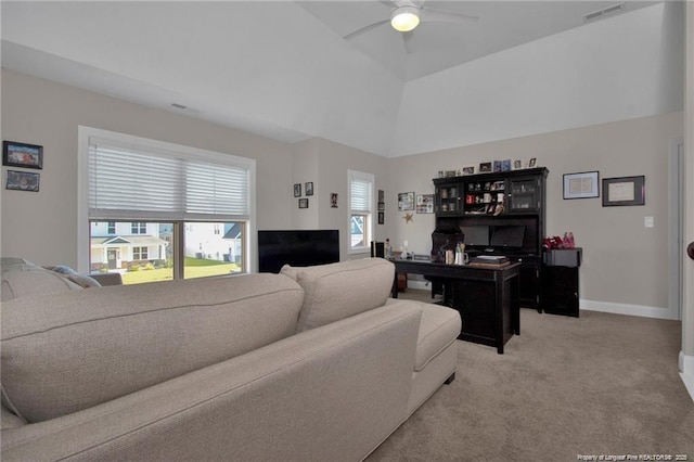 308 Wishaw Ct, Hope Mills, NC 28348 - living room featuring visible vents, lofted ceiling, baseboards, light colored carpet, and a ceiling fan