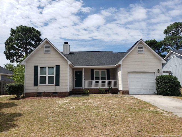 view of front of property with a garage, a front lawn, crawl space, concrete driveway, and a porch
