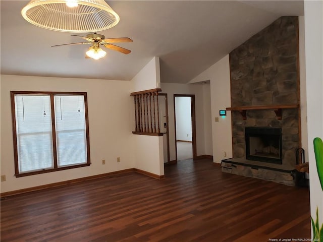 unfurnished living room with wood finished floors, ceiling fan, and lofted ceiling