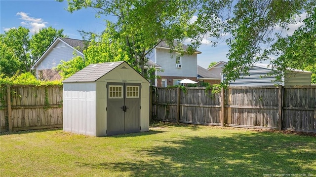 view of shed with a fenced backyard