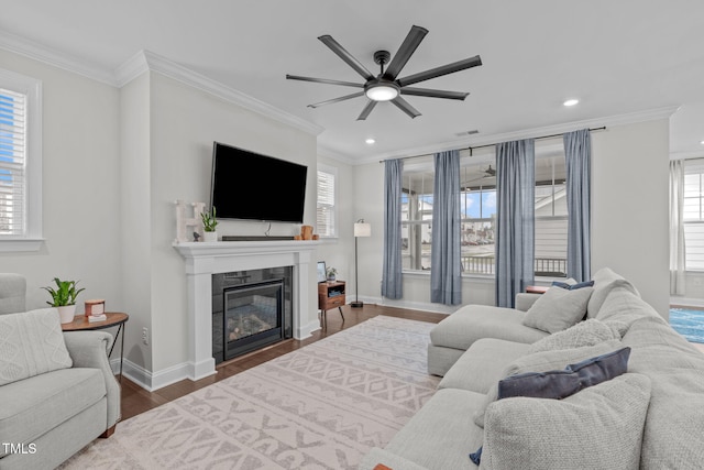 living area featuring ceiling fan, ornamental molding, baseboards, recessed lighting, and a glass covered fireplace
