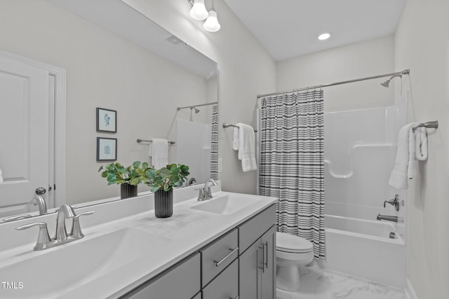 bathroom with toilet, marble look tiles, shower / bath combination with curtain, double vanity, and recessed lighting