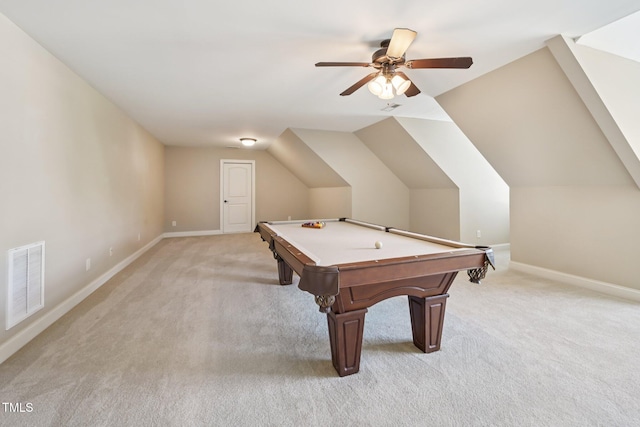 204 Plantation Dr, Youngsville, NC 27596 - playroom with light colored carpet, billiards table, a ceiling fan, and vaulted ceiling