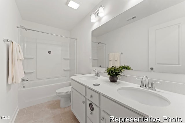 bathroom featuring double vanity, toilet, visible vents, and a sink